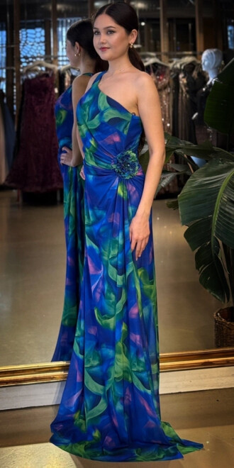 Saks Tek Omuzlu Çiçek Detaylı Kloş Etekli Desenli Uzun Abiye Elbise 11087-02 - 2