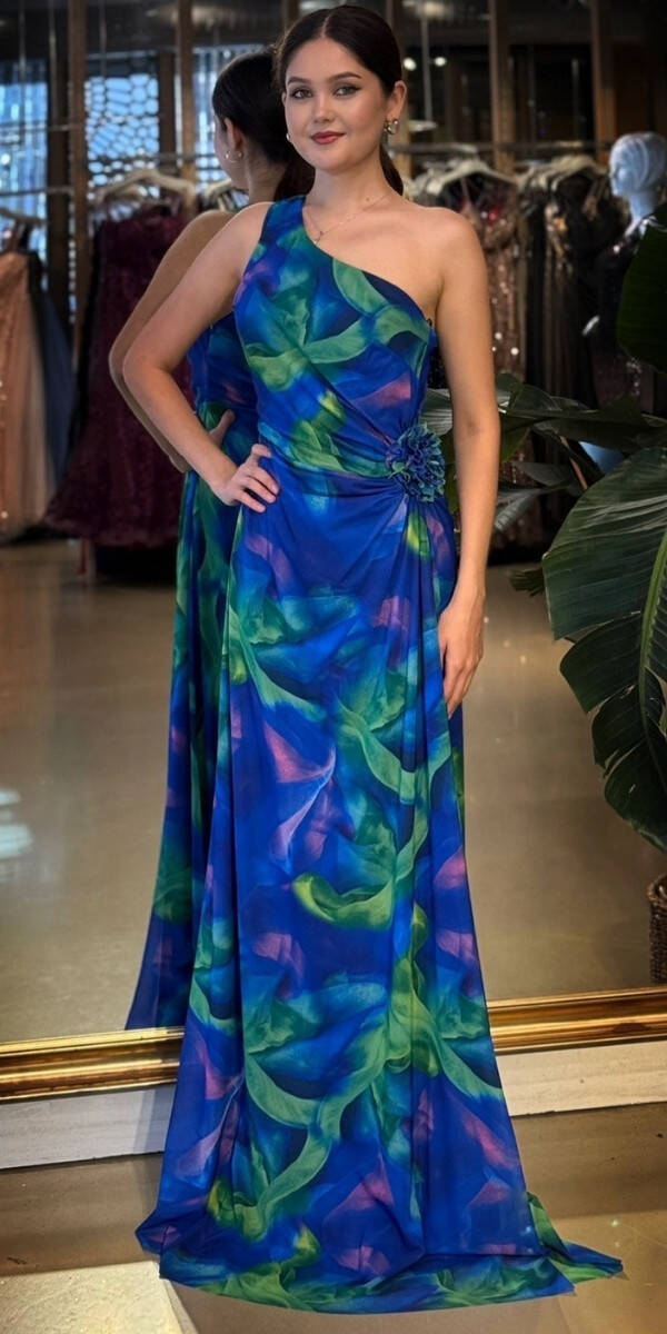 Saks Tek Omuzlu Çiçek Detaylı Kloş Etekli Desenli Uzun Abiye Elbise 11087-02 - 1