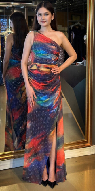 Saks Tek Omuzlu Yırtmaçlı Düz Kesim Desenli Uzun Abiye Elbise 11025 - abiyeniall