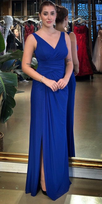 Saks V Yaka Kalın Askı Anvelop Yırtmaçlı Düz Kesim Likralı Tül Uzun Abiye Elbise 11123-03 - abiyeniall