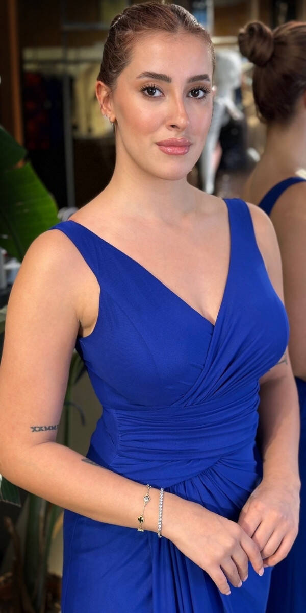 Saks V Yaka Kalın Askı Anvelop Yırtmaçlı Düz Kesim Likralı Tül Uzun Abiye Elbise 11123-03 - 3