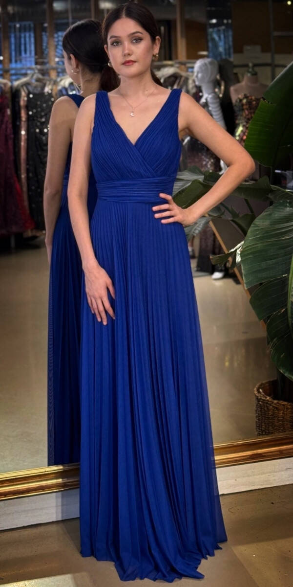 Saks V Yaka Kalın Askı Kloş Etekli Şifon Uzun Abiye Elbise 11098-06 - 1