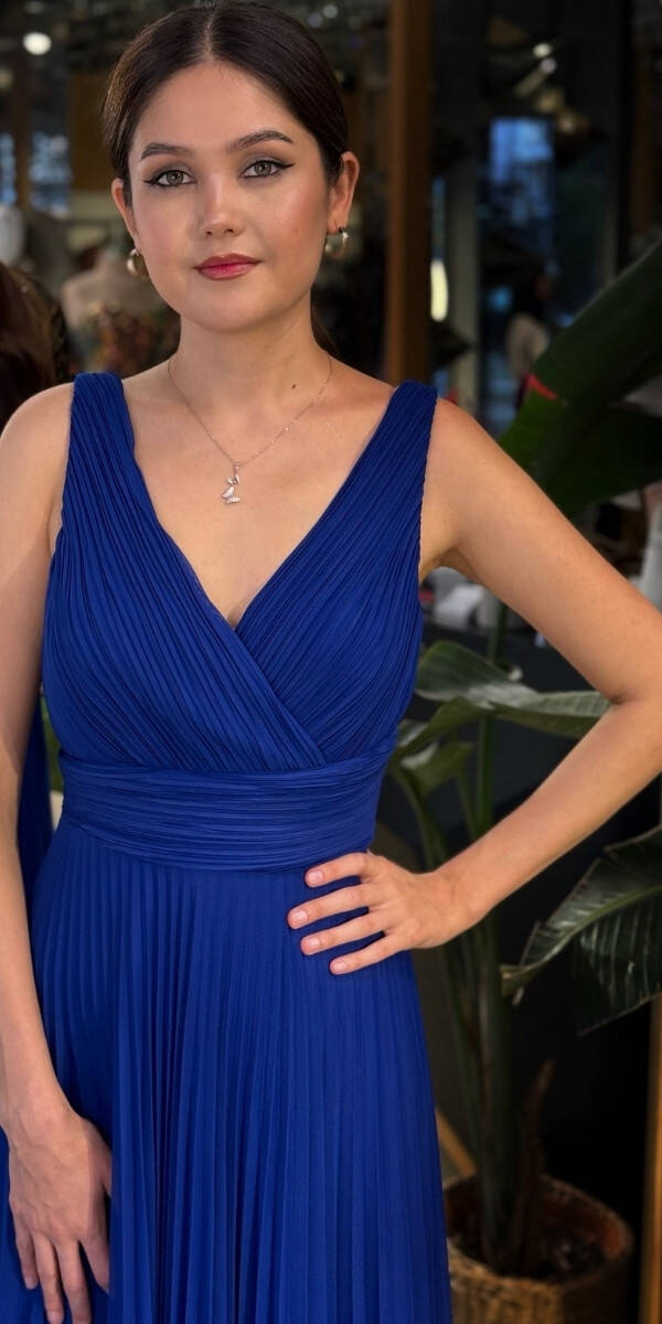 Saks V Yaka Kalın Askı Kloş Etekli Şifon Uzun Abiye Elbise 11098-06 - 3