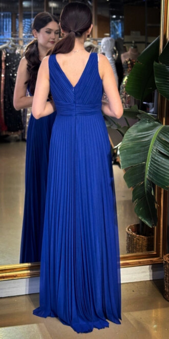 Saks V Yaka Kalın Askı Kloş Etekli Şifon Uzun Abiye Elbise 11098-06 - 4