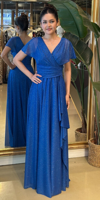 Saks Volan Kol Simli Uzun Abiye Elbise 95027 - abiyeniall