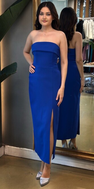 Saks Yırtmaçlı Düz Kesim Krep Midi Abiye Elbise 7692 - 1