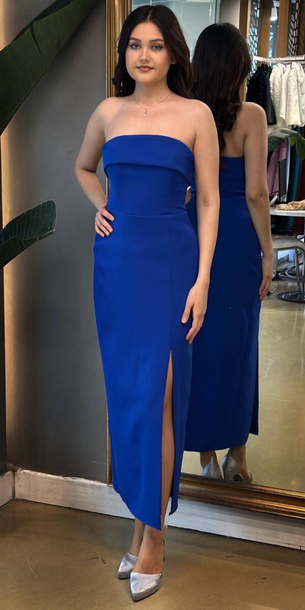 Saks Yırtmaçlı Düz Kesim Krep Midi Abiye Elbise 7692 - 1