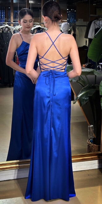 Saks Yuvarlak Yaka İp Askılı Sırt Dekolteli Yırtmaçlı Düz Kesim Saten Uzun Abiye Elbise 11105-01 - 5