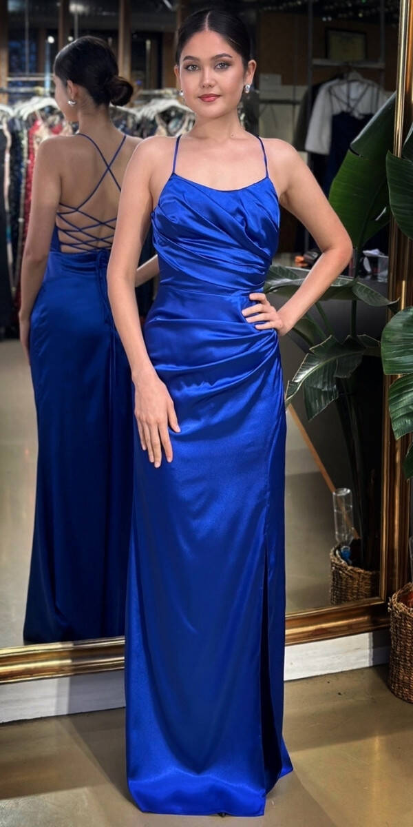 Saks Yuvarlak Yaka İp Askılı Sırt Dekolteli Yırtmaçlı Düz Kesim Saten Uzun Abiye Elbise 11105-01 - 1