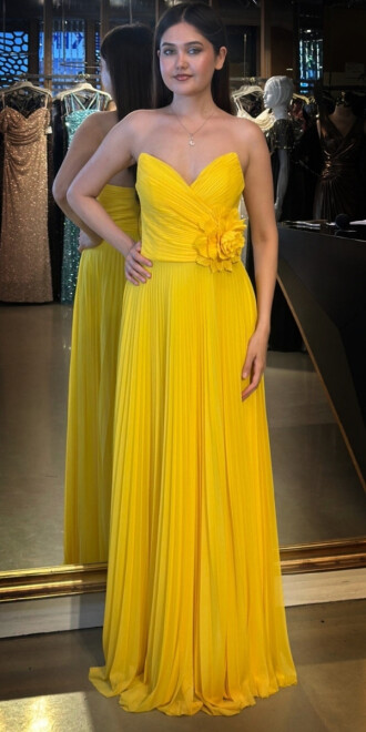 Sarı Straplez Yaka Çiçek Detaylı Kloş Etekli Tül Uzun Abiye Elbise 11003 - abiyeniall