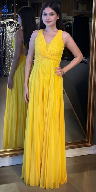 Sarı Kalın Askı Sırt Dekolteli Kloş Etekli Şifon Tül Uzun Abiye Elbise 7645 - abiyeniall