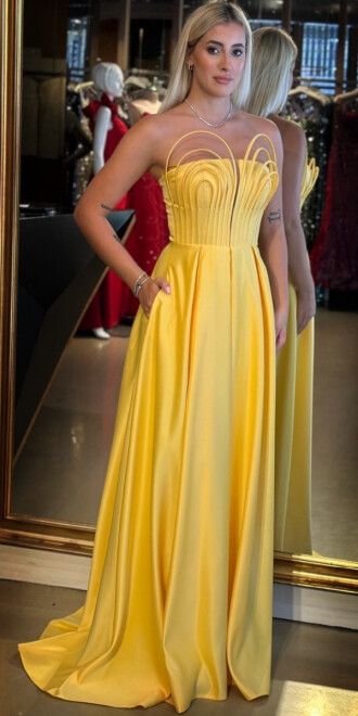 Sarı Straplez Yaka Sırt Dekolteli Kloş Etekli Saten Uzun Abiye Elbise 11088 - abiyeniall