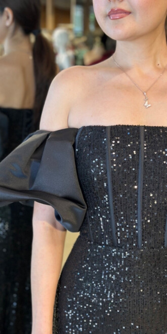 Siyah Balon Kollu Madonna Yaka Düz Kesim Payet Uzun Abiye Elbise 11033 - 4