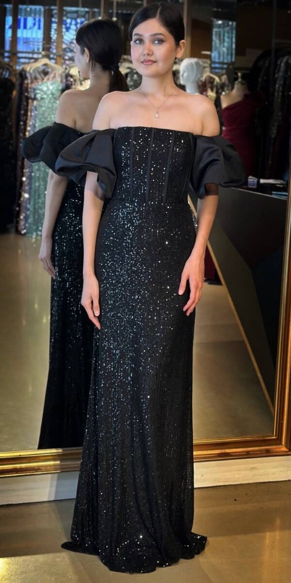 Siyah Balon Kollu Madonna Yaka Düz Kesim Payet Uzun Abiye Elbise 11033 - 1