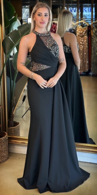 Siyah Boncuk İşlemeli Balık Etekli Krep Uzun Abiye Elbise 7634 - abiyeniall