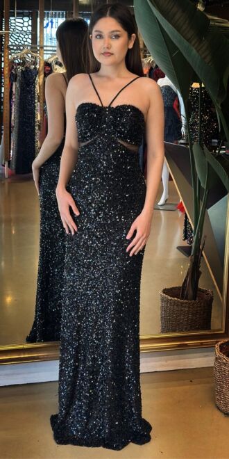 Siyah İp Askılı Düz Kesim Payet Uzun Abiye Elbise 7702 - abiyeniall