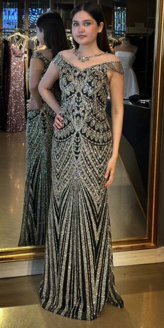 Siyah Düz Kesim Simli Uzun Abiye Elbise 7771 - abiyeniall