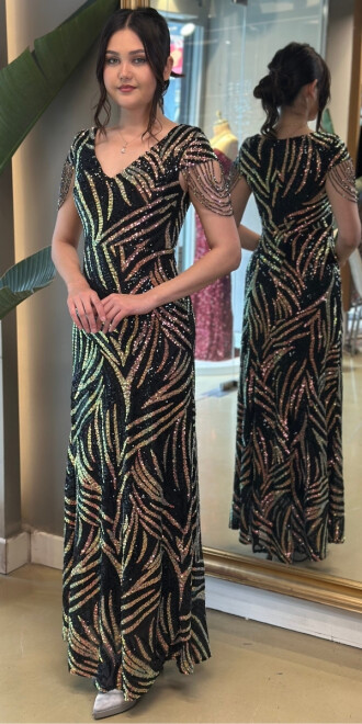 Siyah Gold Kısa Kollu Uzun Abiye Elbise 3670 - abiyeniall