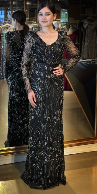 Siyah Gold Uzun Kollu V Yaka Düz Kesim Pullu Boncuklu Uzun Abiye Elbise 11038 - abiyeniall