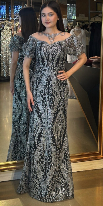 Siyah Gümüş Balon Kollu Dantel Detaylı Düz Kesim Simli Uzun Abiye Elbise 7278 - abiyeniall