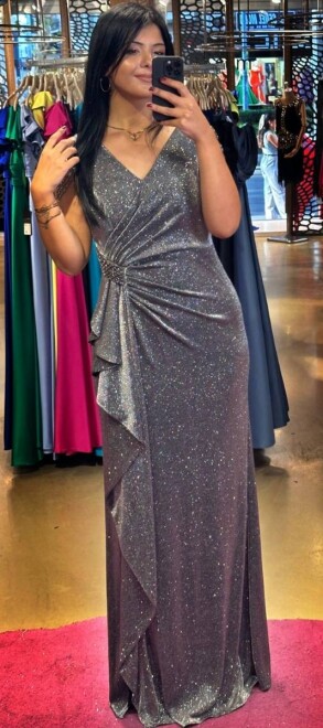 Siyah Gümüş Kalın Askı Boncuk İşlemeli Yırtmaçlı Düz Kesim Simli Uzun Abiye Elbise 7599 - abiyeniall