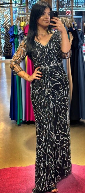 Siyah Gümüş Uzun Kollu Yırtmaçlı Düz Kesim Simli Uzun Abiye Elbise 7582 - abiyeniall