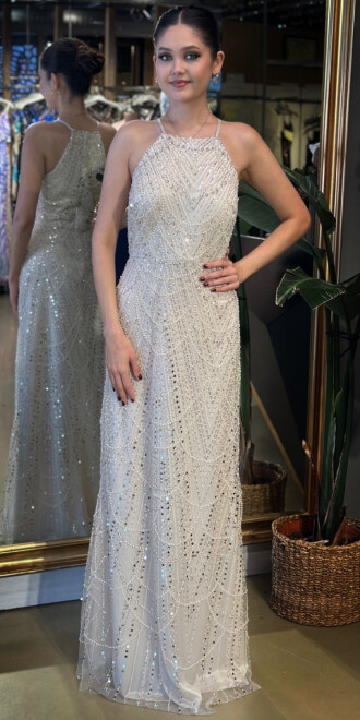 Bej Halter Yaka İp Askılı Düz Kesim Pullu Boncuklu Uzun Abiye Elbise 11103-04 - abiyeniall