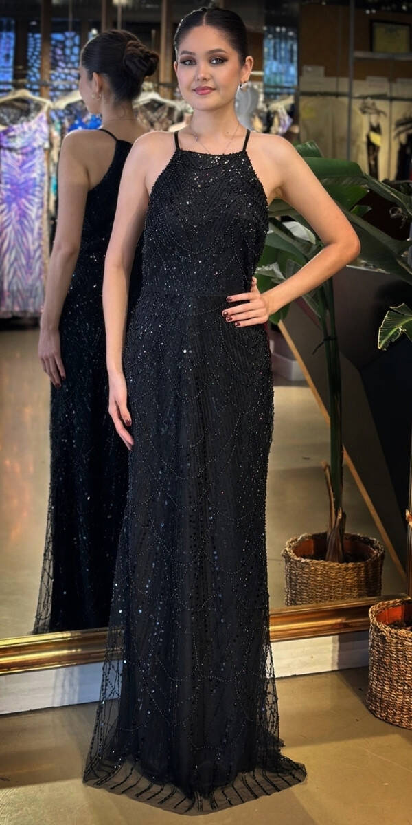 Siyah Halter Yaka İp Askılı Düz Kesim Pullu Boncuklu Uzun Abiye Elbise 11103-01 - 1