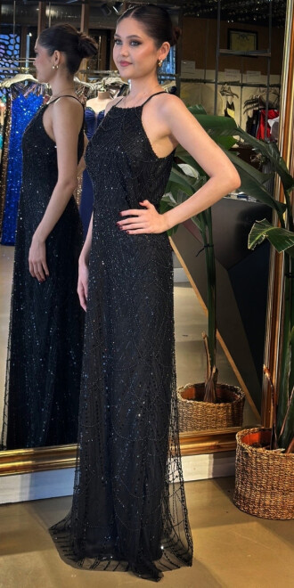 Siyah Halter Yaka İp Askılı Düz Kesim Pullu Boncuklu Uzun Abiye Elbise 11103-01 - 2