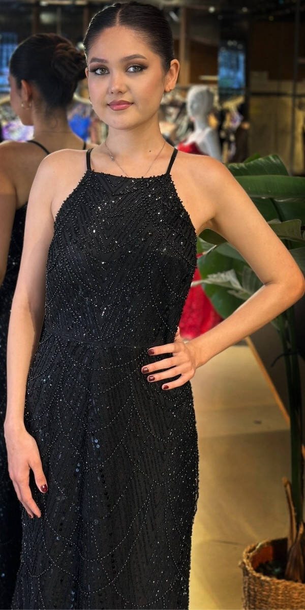 Siyah Halter Yaka İp Askılı Düz Kesim Pullu Boncuklu Uzun Abiye Elbise 11103-01 - 3