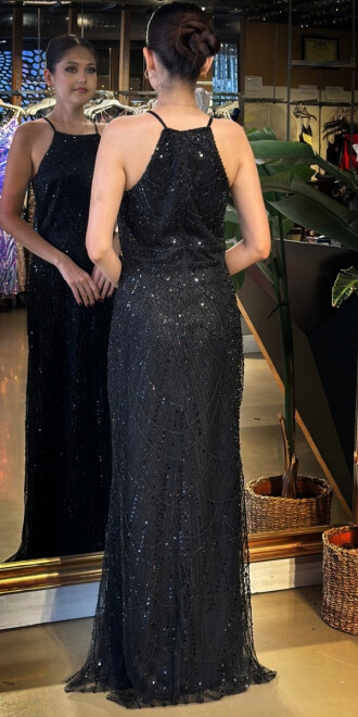 Siyah Halter Yaka İp Askılı Düz Kesim Pullu Boncuklu Uzun Abiye Elbise 11103-01 - 5