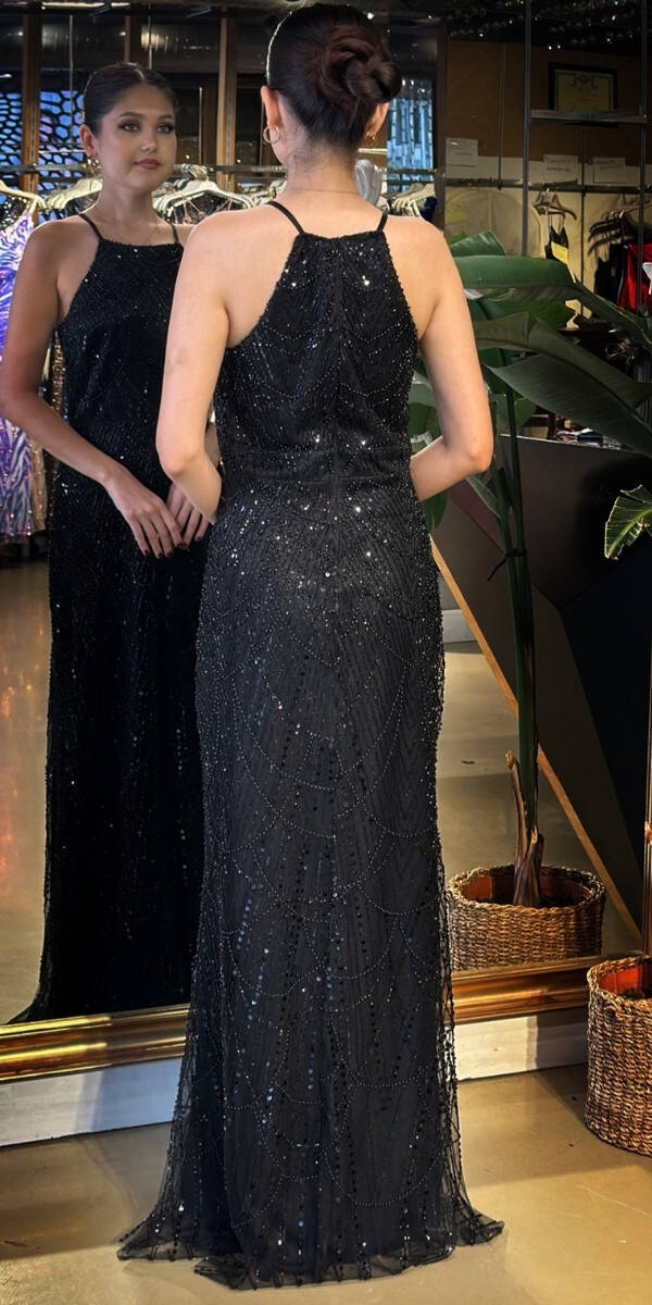 Siyah Halter Yaka İp Askılı Düz Kesim Pullu Boncuklu Uzun Abiye Elbise 11103-01 - 5