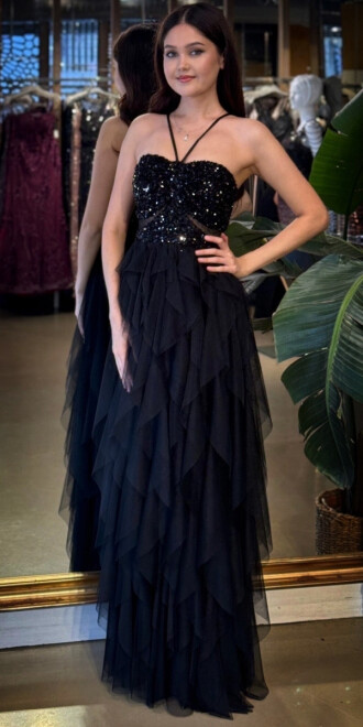 Siyah İp Askılı Bel Dekolteli Kloş Etekli Likralı Tül Uzun Abiye Elbise 11048-01 