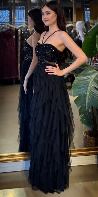 Siyah İp Askılı Bel Dekolteli Kloş Etekli Likralı Tül Uzun Abiye Elbise 11048-01 - 2