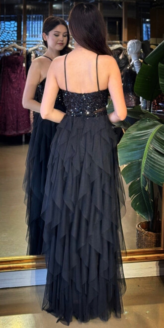 Siyah İp Askılı Bel Dekolteli Kloş Etekli Likralı Tül Uzun Abiye Elbise 11048-01 - 5