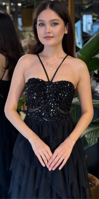 Siyah İp Askılı Bel Dekolteli Kloş Etekli Likralı Tül Uzun Abiye Elbise 11048-01 - 3