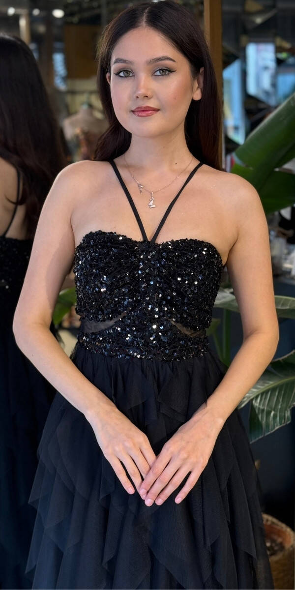 Siyah İp Askılı Bel Dekolteli Kloş Etekli Likralı Tül Uzun Abiye Elbise 11048-01 - 3