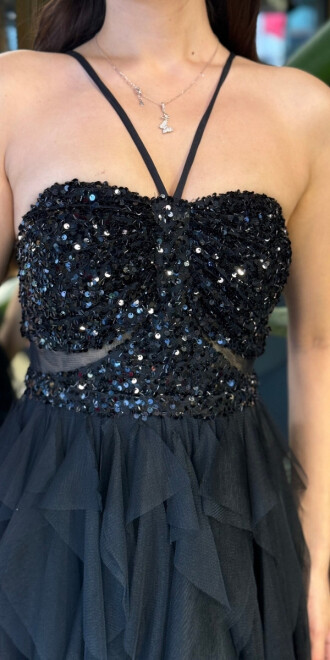 Siyah İp Askılı Bel Dekolteli Kloş Etekli Likralı Tül Uzun Abiye Elbise 11048-01 - 4