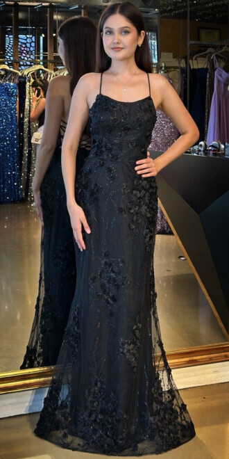 Siyah İp Askılı Çiçek Detaylı Sırt Dekolteli Düz Kesim Tül Uzun Abiye Elbise 11060 - abiyeniall