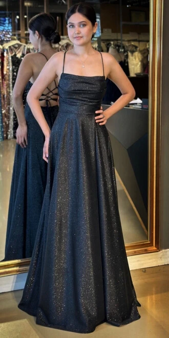 Siyah İp Askılı Kare Yaka Sırt Dekolteli Kloş Etekli Simli Uzun Abiye Elbise 7780 - abiyeniall