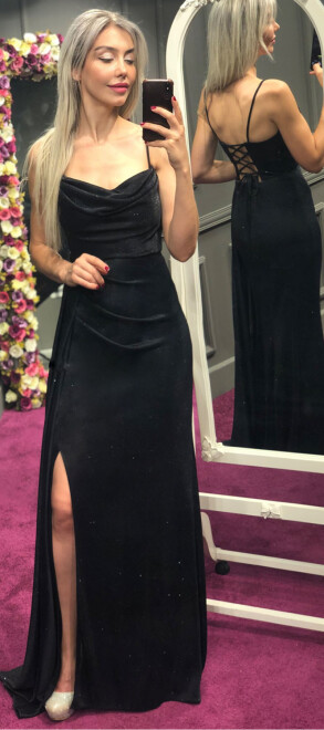 Siyah İp Askılı Sırt Dekolteli Yırtmaçlı Düz Kesim Simli Uzun Abiye Elbise 7253 - abiyeniall