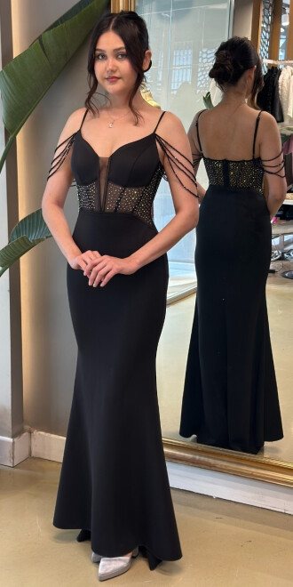 Siyah İp Askılı Uzun Abiye Elbise 95010 - abiyeniall