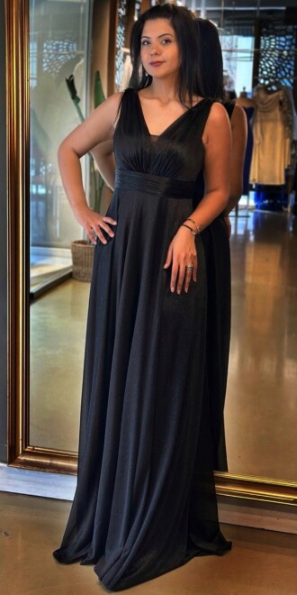 Siyah Kalın Askı Yırtmaçlı Kloş Etekli Simli Uzun Abiye Elbise 7205 - abiyeniall