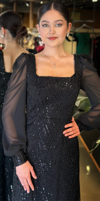 Siyah Kare Yaka Uzun Kollu Düz Kesim Pullu Boncuklu Uzun Abiye Elbise 11135-01 - 3