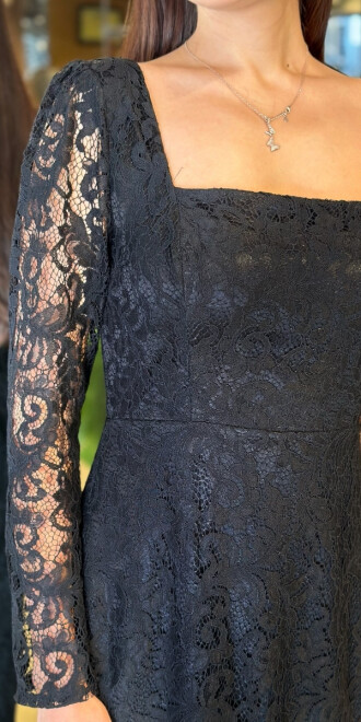 Siyah Kare Yaka Uzun Kollu Yırtmaçlı Düz Kesim Dantel Midi Abiye Elbise 11122-02 - 4