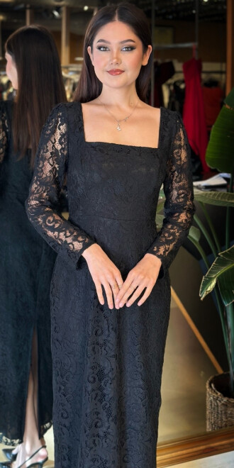 Siyah Kare Yaka Uzun Kollu Yırtmaçlı Düz Kesim Dantel Midi Abiye Elbise 11122-02 - 3