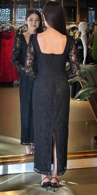 Siyah Kare Yaka Uzun Kollu Yırtmaçlı Düz Kesim Dantel Midi Abiye Elbise 11122-02 - 5