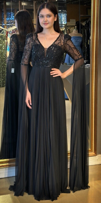 Siyah Kısa Kollu Tül Detaylı V Yaka Düz Kesim Tül Uzun Abiye Elbise 7761 - abiyeniall