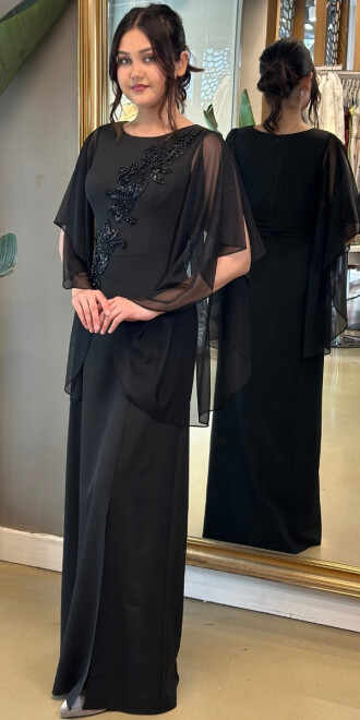 Siyah Kısa Kollu Uzun Abiye Elbise 3790 - abiyeniall