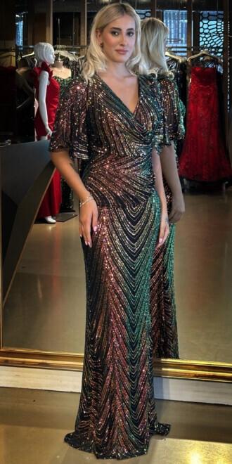 Siyah Kısa Kollu V Yaka Düz Kesim Payet Uzun Abiye Elbise 7775 - abiyeniall